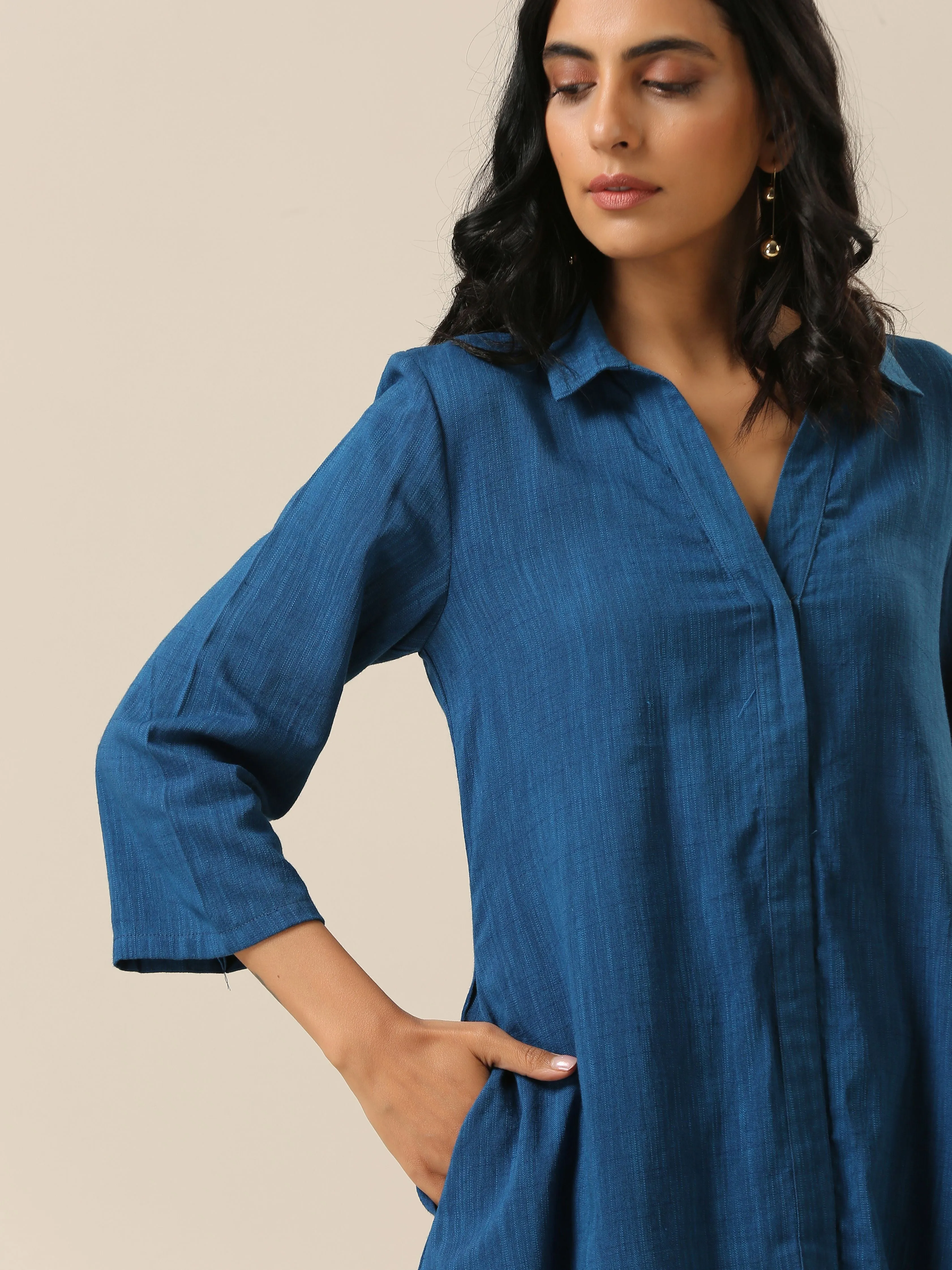 Classic Blue Slub Texture Collar Short Co-Ord Set