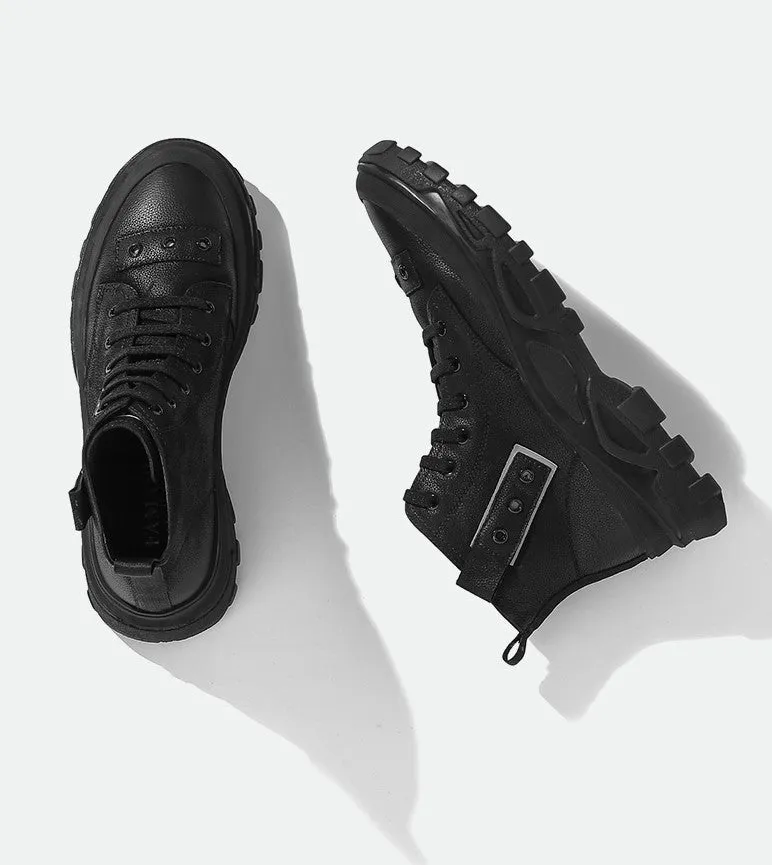 FAMAN HIGH TOP LEATHER CHUNKY TRAINERS IN BLACK