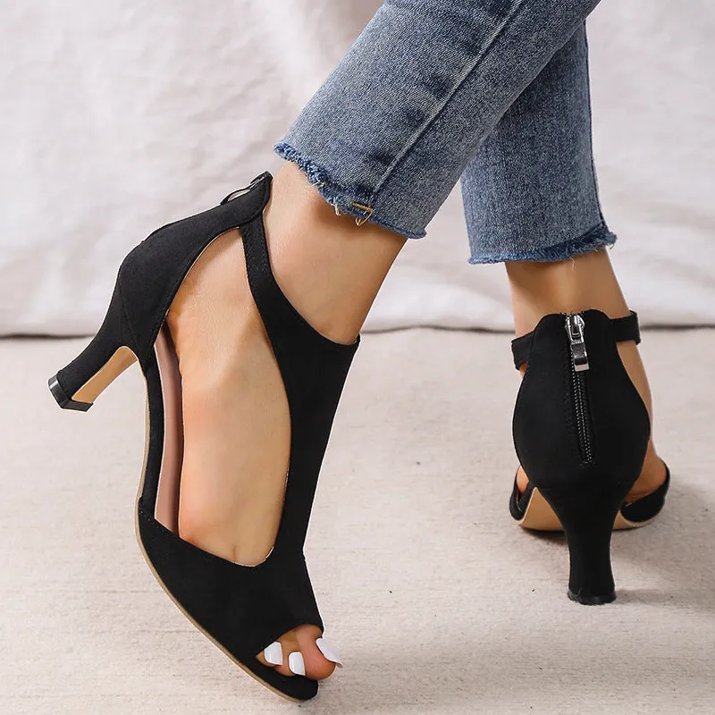 Women kitten heel sandal back zipper hollow peep toe sandals