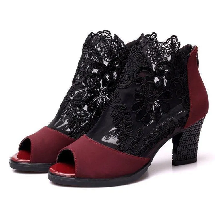 Women's peep toe mesh summer chunky high heel booties with back zipper